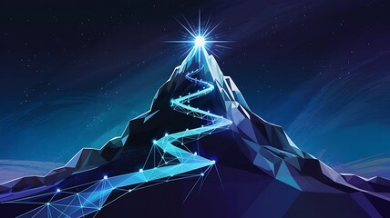 Starlight path leading to glowing mountain peak in low poly abstract style symbolizing journey to success, achievement and digital transformation