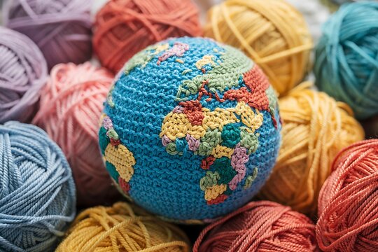 Crocheted earth globe rests on a bed of colorful yarn balls representing global unity and craftwork perfect for themes of sustainability or handmade art