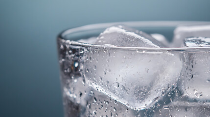 Close-up of a clear glass filled with ice cubes, condensation droplets clinging to its surface. The background is a smooth, solid color, emphasizing the refreshing chill of the drink.