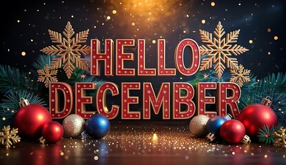 Elegant hello december greeting in red and gold text decorated with christmas ornaments pine branches and golden snowflakes against a shimmering bokeh light background