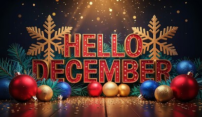 Vibrant hello december greeting with red and gold text accompanied by christmas ornaments pine branches and prominent golden snowflakes against a bokeh backdrop