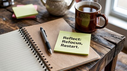 Motivational note on wooden desk with coffee and notebook ready for reflection and planning, encouraging self-improvement and new beginnings for personal growth