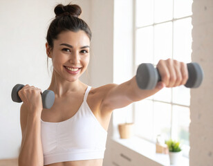 Uśmiechnięta kobieta trenująca z hantlami w domu 