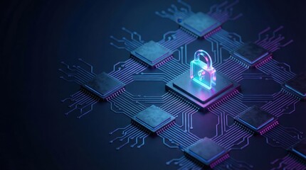 Neon padlock on central chip amid processors, cybersecurity data protection