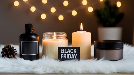 A Black Friday sign is prominently displayed alongside a black bottle, a burning candle in a jar, another elegant candle, and a decorative pinecone on a soft white fur rug