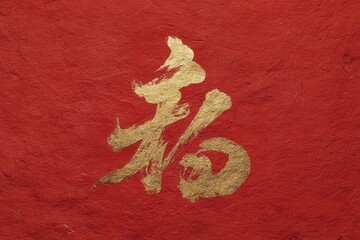 golden chinese calligraphy brush stroke character for 'Fu' (Luck), red paper texture background
