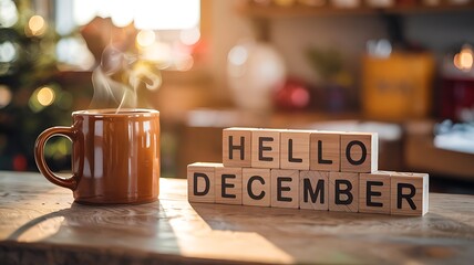 Hello december message on rustic wooden blocks next to a steaming mug on a sunlit table inviting warmth and cheer for beginning of winter season and festive holidays