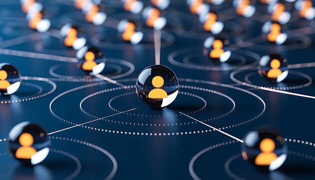 A network of interconnected user icons on a sleek dark blue background, symbolizing global communication, social media connections, and digital technology infrastructure - Powered by Adobe