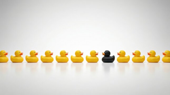 Yellow rubber ducks in row with one black duck, individuality standout concept