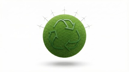 Green grass globe with recycling symbol and wind turbines, sustainable energy
