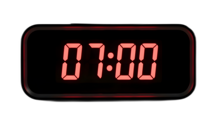 Digital clock display showing seven oclock red led time measurement alarm wake up morning night schedule countdown on transparent background