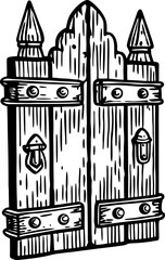 Fototapeta premium Old wooden gate with metal hinges and rustic handles, hand drawn vintage illustration