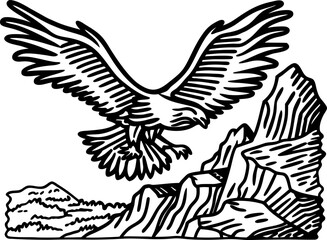 Obraz premium Soaring eagle with wide wings landing on rocky mountain cliff in bold black line illustration