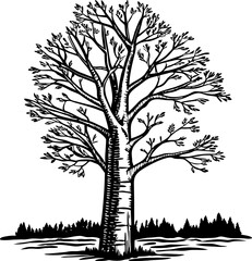 Fototapeta premium Bare tree silhouette with detailed branches and bark, isolated illustration above forest landscape horizon