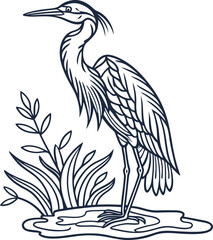 Elegant heron standing in shallow water with wetland plants linear bird illustration, nature wildlife design