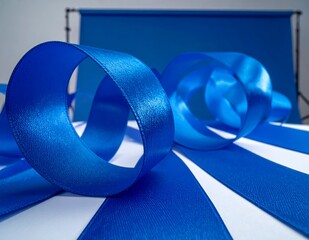 Vibrant Blue Ribbon Elegantly Curled on a Striped Surface with a Blue Backdrop.