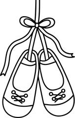 Ballet slippers hanging from bow outline drawing of dance shoes, minimalist monochrome illustration