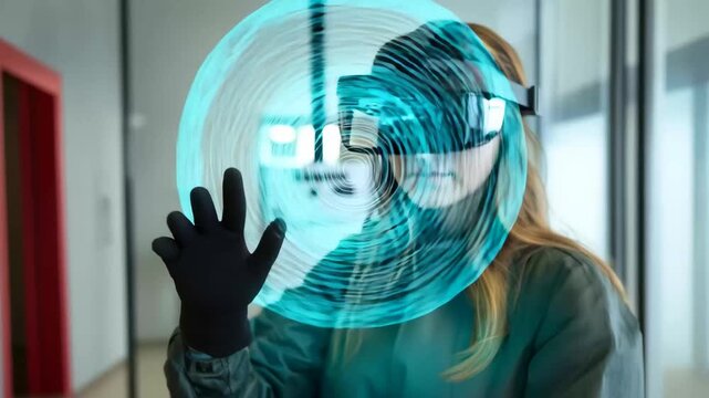 Immersive VR Experience: A woman embraces virtual reality, immersed in a futuristic experience with a sleek VR headset and interactive hand controls.