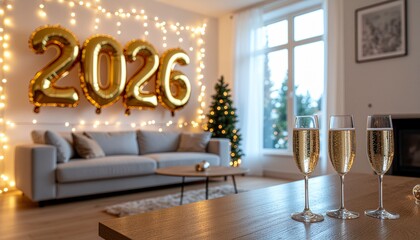 New Year 2026 celebration in modern living room