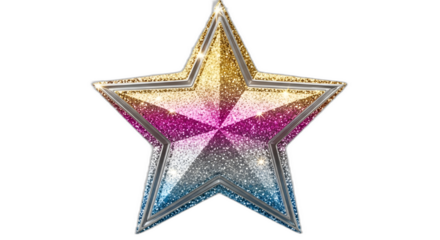 Glittering five point star award icon with rainbow gradient and silver trim for celebration on transparent background