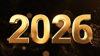 An elegant animation showcases the bold, three-dimensional number '2026' rendered in a luxurious golden metallic finish, standing prominently against a sophisticated dark background. Dynamic golden gl