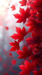 Vibrant Red Maple Leaves Falling in a Dreamy Autumn Landscape.