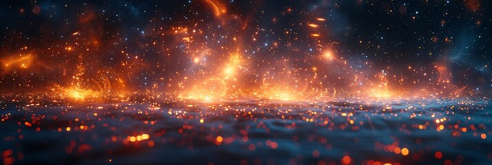 Panoramic View of Fiery Particles Floating in a Dark Cosmic Expanse