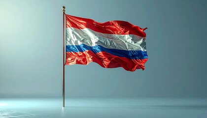 Vibrant Russian flag waving proudly against a clear, light blue background, symbolizing national identity and pride.