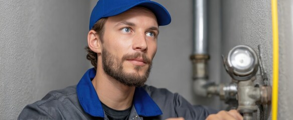 Technician urgently assesses water connection tension rising amid plumbing crisis.