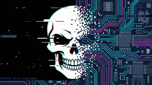 Glitch skull merging with circuit board, cyberattack hacking malware concept