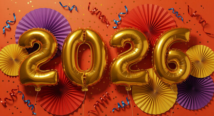 Golden 2026 foil balloons celebrate a festive new year party background design