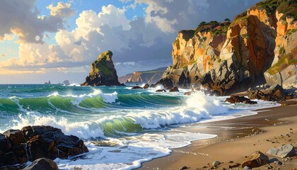 Coastal scene with turquoise waves crashing on a sandy beach beneath rocky cliffs, under a partly cloudy sky