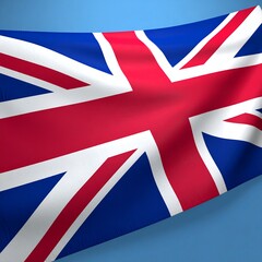 Waving Union Jack Flag on Blue Background Representing United Kingdom Patriotism.