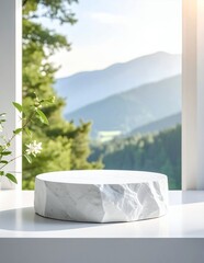 White marble product display podium with a natural mountain landscape background, perfect for showcasing products in a serene setting.