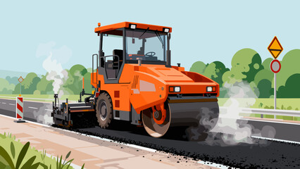Obraz premium Road construction with orange steamroller working on asphalt surface 