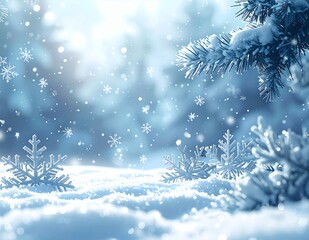 Winter wonderland scene with falling snowflakes and snow-covered fir trees, creating a magical and serene atmosphere.