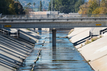 View of the Los Angeles river near Canoga Ave in the west San Fernando Valley area of Los Angeles California.  