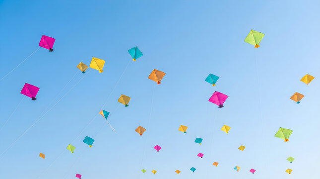 Colorful makarsankranti kites flying high in a bright clear blue sky with crisp strings and vibrant festive colors for modern celebration banners and seasonal creative design