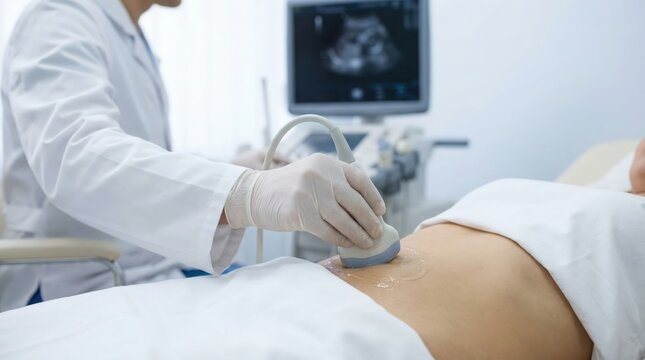 Doctor performing abdominal ultrasound scan on patient, medical diagnosis