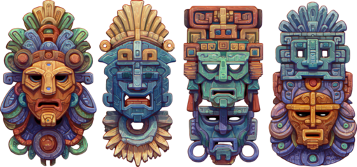 Ancient mask tribal art colorful totem carved wood geometric pattern evoke mystery