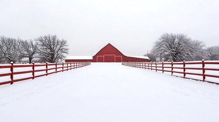 Winter's embrace transforms a countryside barn. Snow blankets fields, fences, and bare trees, leading to a bright red barn, a vivid contrast against the winter whites.