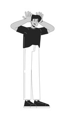 Frustrated latino man head clenching in stress 2D line character. Mental overload reaction. Anxious hispanic guy overwhelmed isolated vector ink outline person. Monochromatic spot illustration