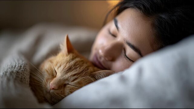 Tender moment of a beautiful young woman sleeping peacefully in a cozy bed, warmly snuggling with her adorable ginger cat under the soft blankets in a comfortable bedroom at night