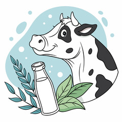 Charming cartoon cow head illustration beside a fresh milk bottle surrounded by natural green foliage and soft blue accents