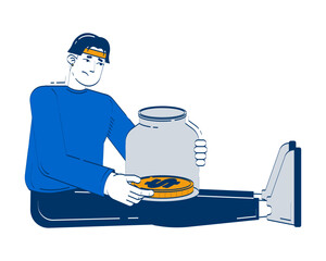 No savings doodle illustration concept. Financial insecurity. Living paycheck to paycheck. Asian man holding empty jar with last coin cartoon 2D character isolated on white. Hand drawn vector metaphor