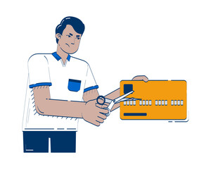 Cutting credit card doodle illustration concept. Eliminating debt creditcard during economic recession. Reduce spending. Indian man cartoon 2D character isolated on white. Hand drawn vector metaphor
