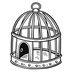Vintage style hand drawn empty birdcage illustration featuring a domed top and small arched doorway perfect for whimsical design concepts