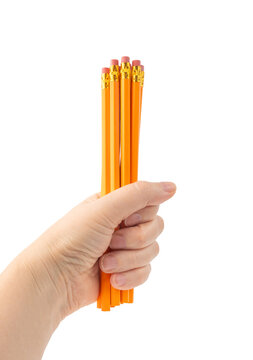 Pencils with a rubber isolated. Unsharpened yellow wooden graphite pencils