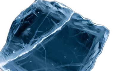 Abstract ice shard texture closeup with deep blue tones and internal fractures against a solid on transparent background