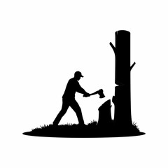 vector silhouette of a person cutting down a tree